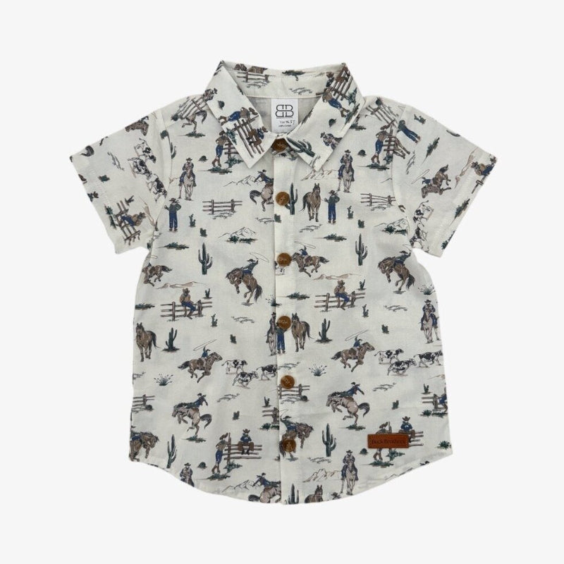 Children's short-sleeve shirt with cowboy pattern on a white background