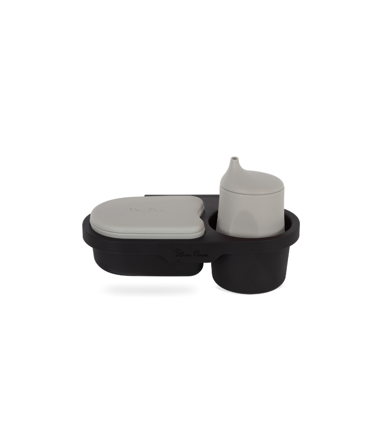 Black and gray snack container with a lid 