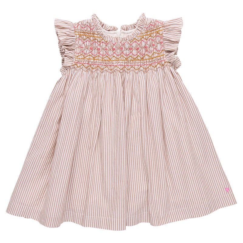 Striped dress with embroidered details on a white background