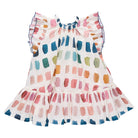 Colorful sleeveless dress with ruffled details on a white background