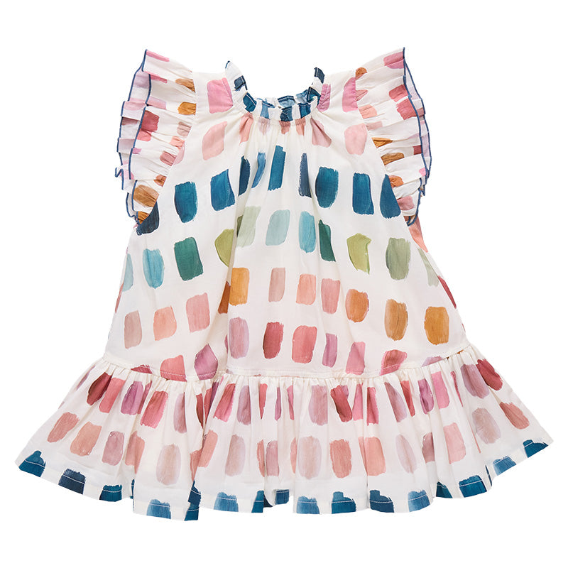 Colorful sleeveless dress with ruffled details on a white background