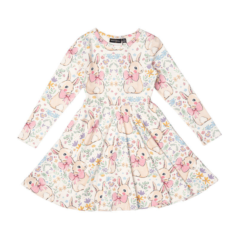 Pastel Floral Bunny Print Dress Girls