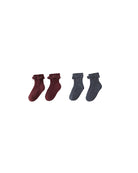 Two pairs of socks, one burgundy and one Navy