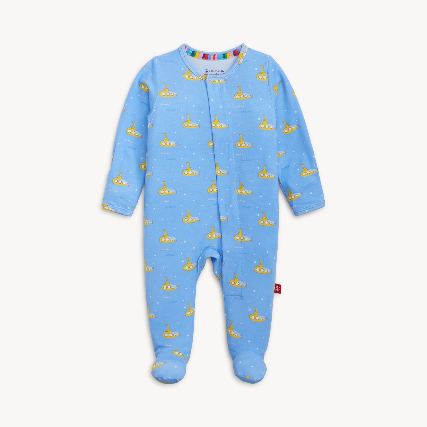 Blue baby onesie with yellow submarine pattern on a white background