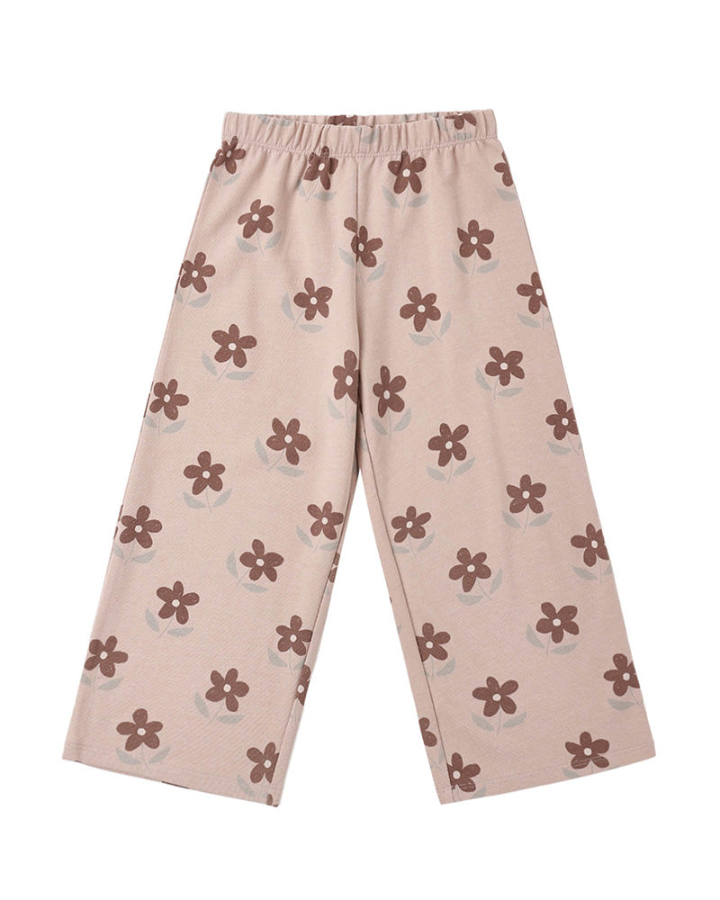 Purple floral-patterned wide leg pants on a white background