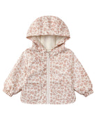 A hooded zip-up jacket with a pink and beige leopard print pattern, featuring a cream-colored lining inside the hood and front pockets, shown on a plain white background.