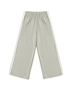 Light sage green wide leg pants with a white stripe down the sides