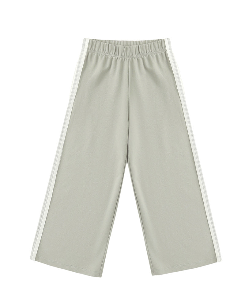 Light sage green wide leg pants with a white stripe down the sides
