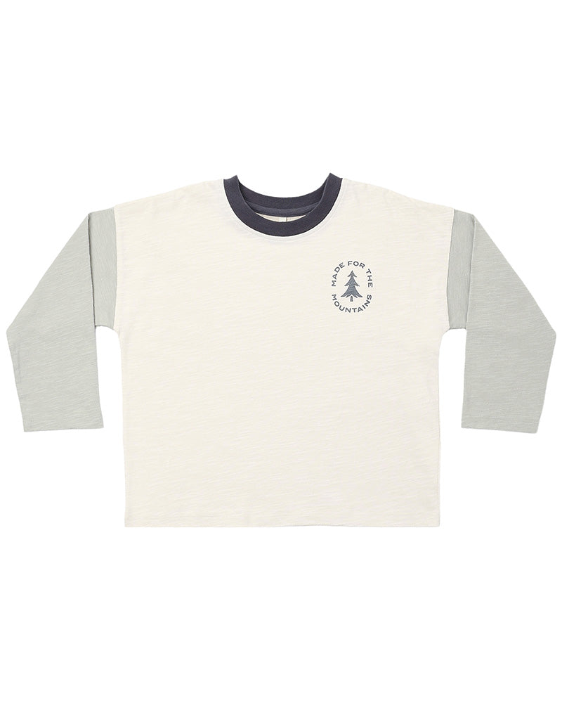 Children's long-sleeve multicolor shirt with a tree logo saying "Made For The Mountains" on a white background