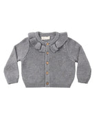A gray knit cardigan sweater for toddlers, featuring a ruffled Peter Pan collar, long sleeves, and brown wooden buttons down the front, displayed on a clean white background.