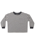 Striped long-sleeve shirt with a pocket and dark gray trim on a white background