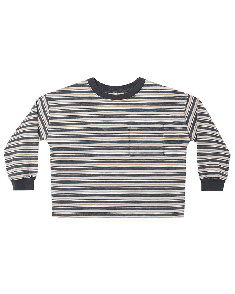 Striped long-sleeve shirt with a pocket and dark gray trim on a white background
