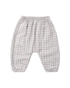 A pair of baby pants in a light gray and white plaid pattern, featuring an elastic waistband and elasticized leg cuffs, shown against a plain white background.