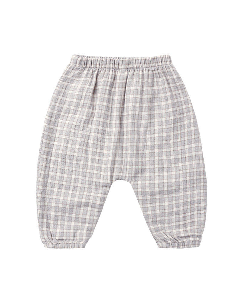 A pair of baby pants in a light gray and white plaid pattern, featuring an elastic waistband and elasticized leg cuffs, shown against a plain white background.