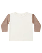 White tee shirt with brown sleeves on a white background