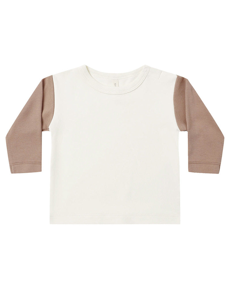 White tee shirt with brown sleeves on a white background