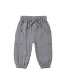 A pair of toddler gray jogger pants featuring an elastic waistband with a drawstring, a three-button placket, and side cargo pockets, shown against a plain white background.