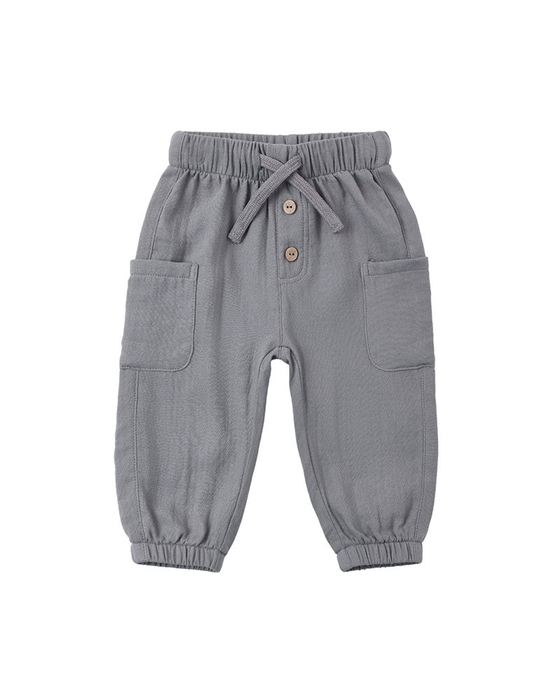 A pair of toddler gray jogger pants featuring an elastic waistband with a drawstring, a three-button placket, and side cargo pockets, shown against a plain white background.