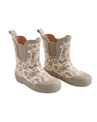 Pair of floral-patterned rain boots on a white background