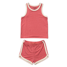 Pink tank top and shorts set with white trim on a white background