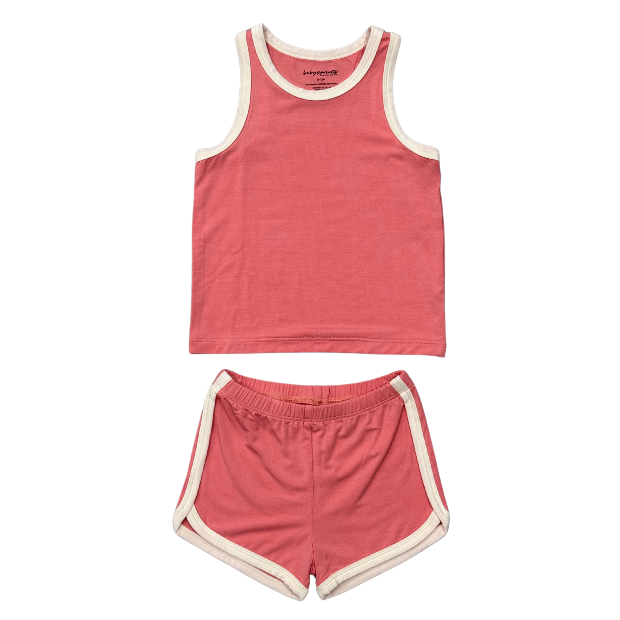 Pink tank top and shorts set with white trim on a white background