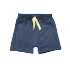 Navy blue shorts with a cream drawstring on a white background