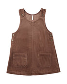 Brown corduroy pinafore dress with buttons and front pockets on a white background
