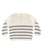 A cream-colored knit sweater with horizontal gray stripes across the lower half and sleeves, featuring a three-button henley neckline, shown against a plain white background.