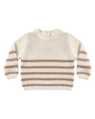 A cream-colored knit sweater with horizontal brown stripes across the chest and sleeves, displayed flat against a solid white background.