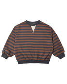 Striped sweater with brown and dark gray horizontal stripes on a white background