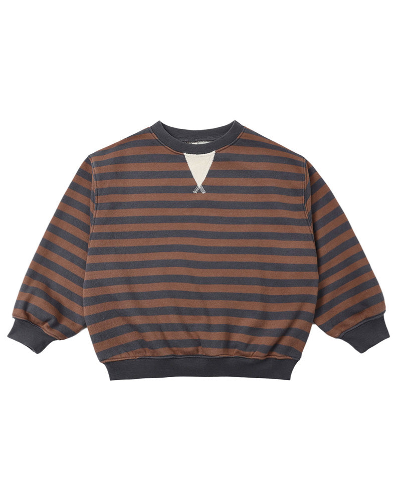 Striped sweater with brown and dark gray horizontal stripes on a white background