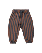 Striped pants with brown and dark gray stripes with a drawstring on a white background