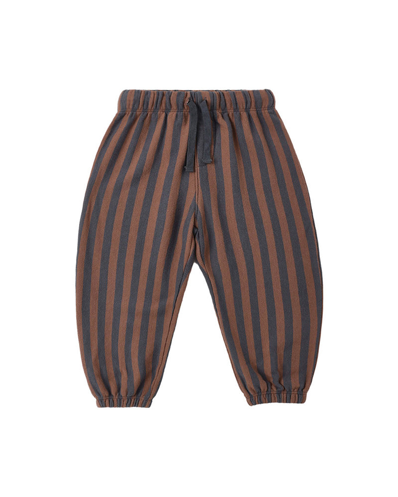 Striped pants with brown and dark gray stripes with a drawstring on a white background
