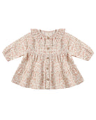 A toddler's long-sleeve button-up dress with a ruffled collar and a delicate pink and beige floral pattern, shown flat on a white background.