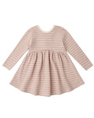 A long-sleeve baby dress with a pleated skirt, featuring horizontal stripes in dusty pink and cream, with a solid cream crew neck.