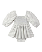 A baby romper with a smocked bodice, square neckline, and puffed sleeves, featuring a white and gray striped pattern, shown on a plain white background.