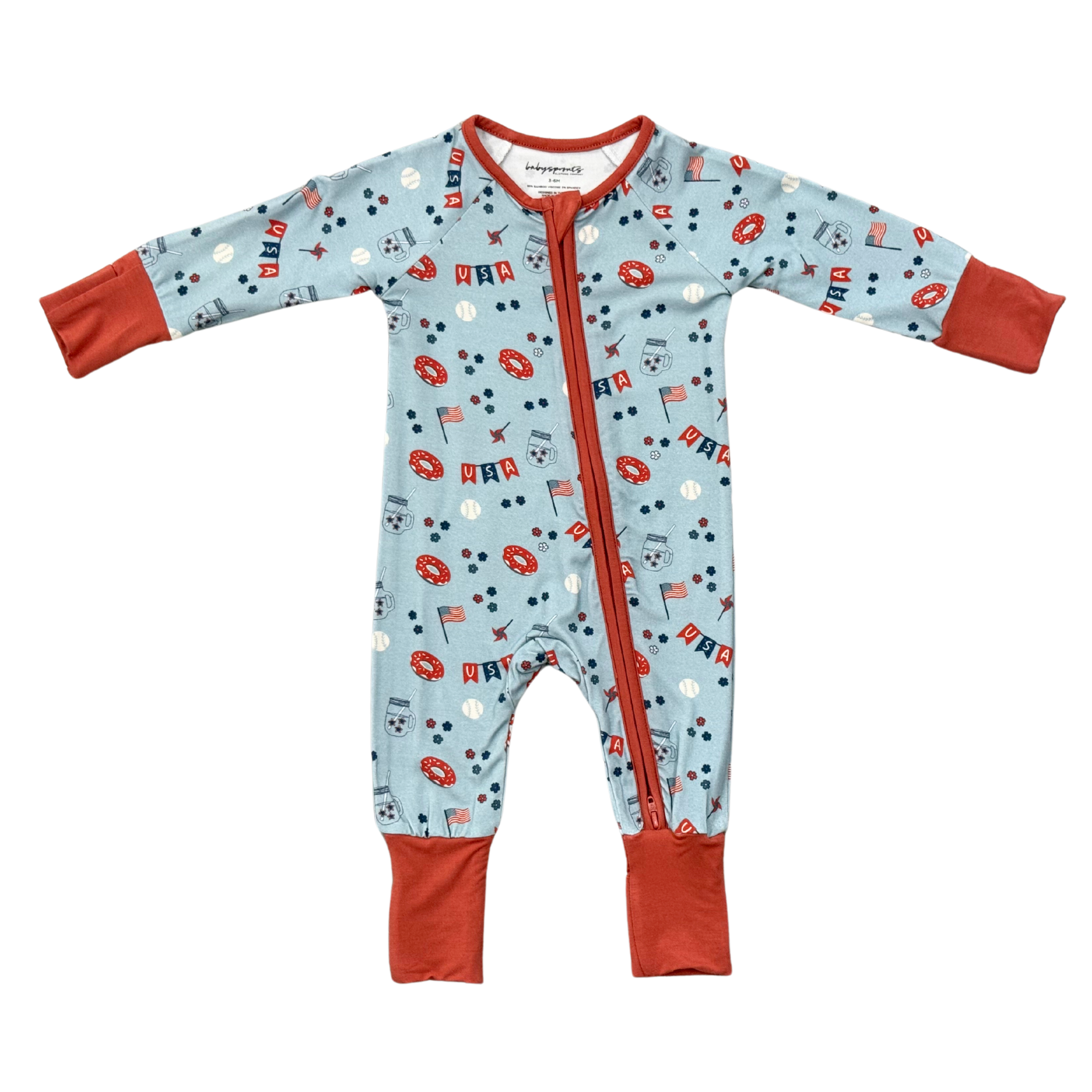 Children's onesie with Fourth of July patterns and red trip