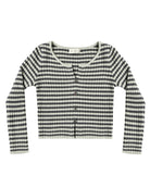 Black and white striped cardigan with a split top and bottom, and buttons on a white background