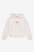 White hoodie with pink floral pattern on a white background