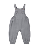 A pair of baby boy's gray linen bib overalls with elastic cuffed legs and adjustable shoulder straps, shown flat on a white background.
