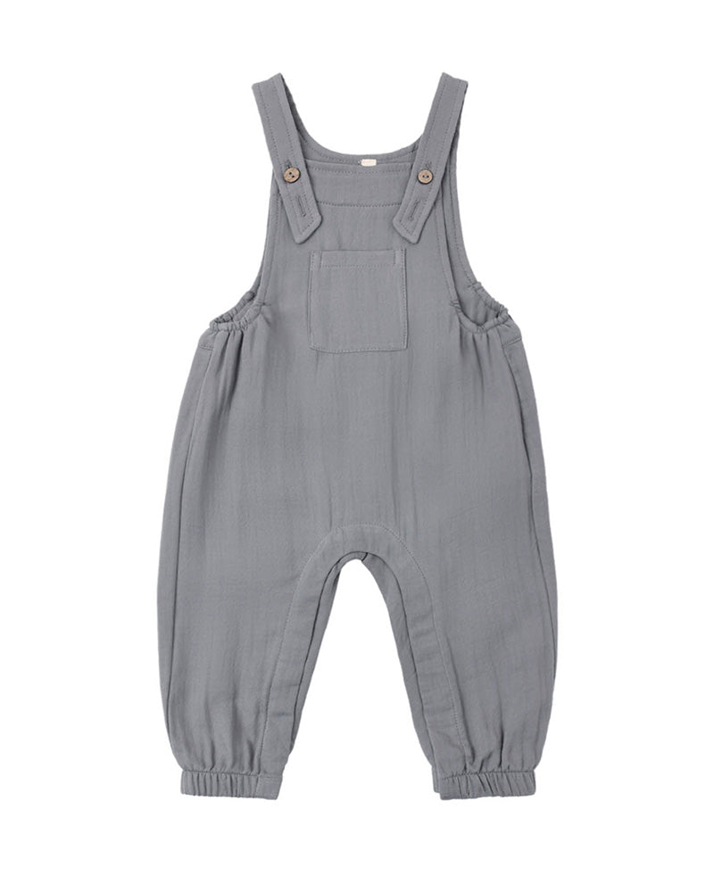 A pair of baby boy's gray linen bib overalls with elastic cuffed legs and adjustable shoulder straps, shown flat on a white background.