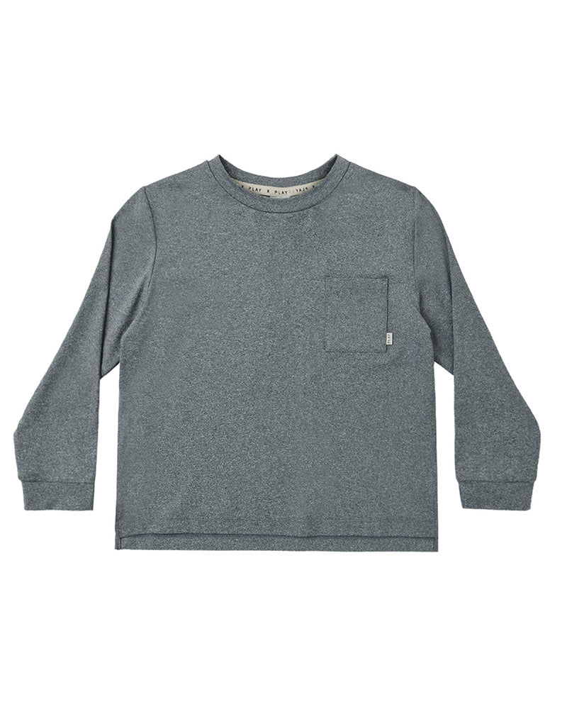 Gray long-sleeve polyester shirt with a pocket on a white background