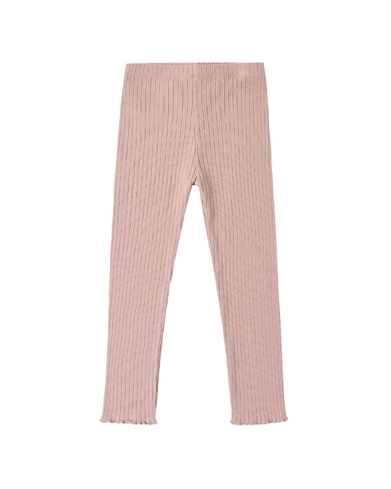 Pink ribbed leggings with trim on a white background
