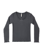 Dark gray ribbed long-sleeve top with a lettuce trim on a white background