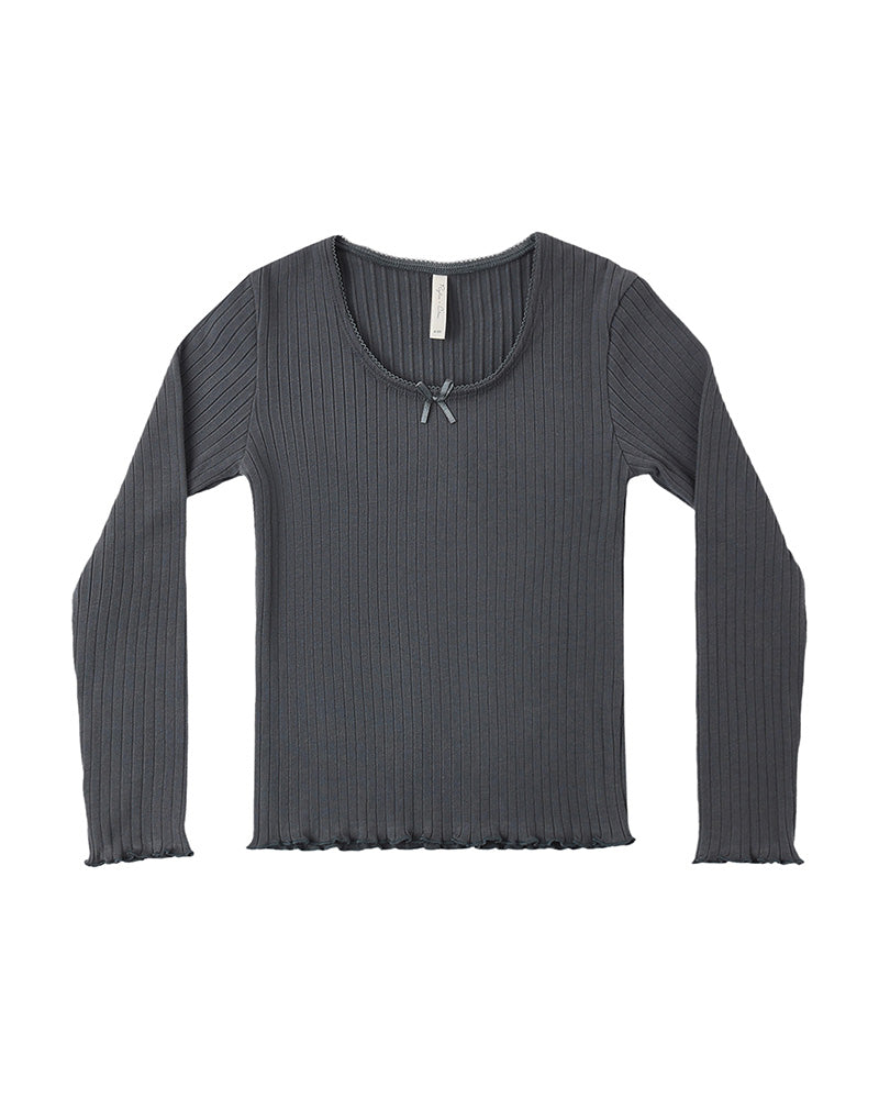 Dark gray ribbed long-sleeve top with a lettuce trim on a white background