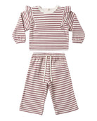 A two-piece baby clothing set featuring a long-sleeve top and matching pants. The set has a horizontal stripe pattern in dusty rose and white, with a white drawstring on the pants and ruffle details on the top.