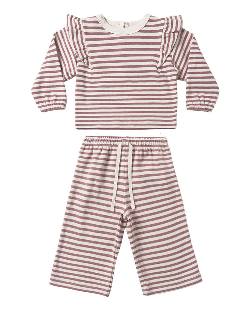 A two-piece baby clothing set featuring a long-sleeve top and matching pants. The set has a horizontal stripe pattern in dusty rose and white, with a white drawstring on the pants and ruffle details on the top.