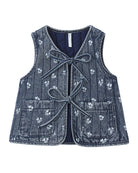 Denim vest with floral pattern and a bow tie front with pockets on a white background