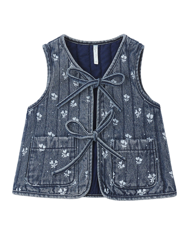 Denim vest with floral pattern and a bow tie front with pockets on a white background
