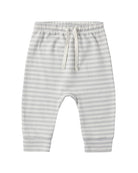 Baby jogger pants in a light gray and white stripe pattern, featuring an elastic waistband with a white drawstring and ribbed ankle cuffs.
